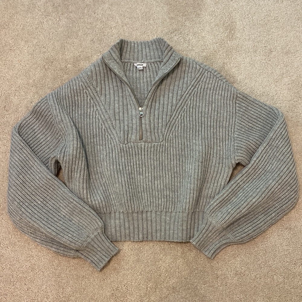 Garage Gray Knit Cropped Quarter Zip Sweater S
